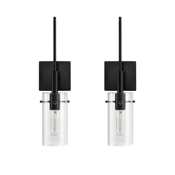 Set of 2 black wall sconces with hand-blown glass cylinder shades and bronze hardware, mountable up or down for modern or farmhouse interiors