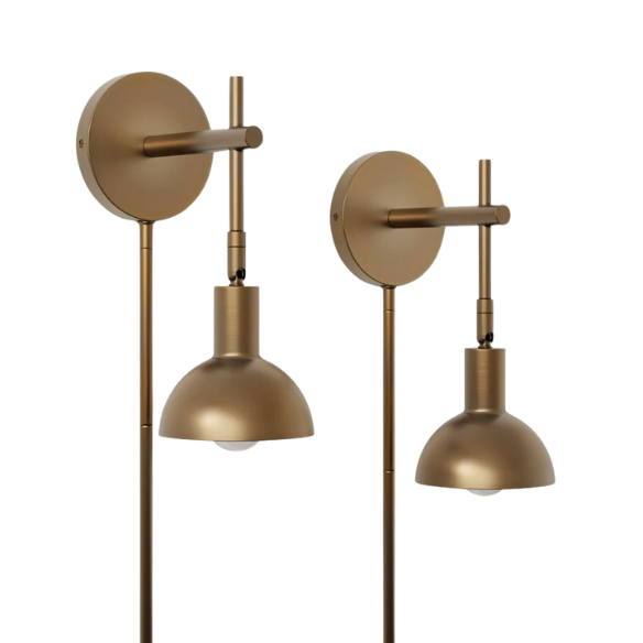 Set of 2 brass plug-in wall sconces with adjustable arms, bell-shaped metal shades, and inline switches—ideal for bedside or task lighting in modern interiors
