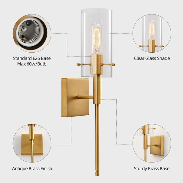 Set of 2 gold wall sconces with clear hand-blown glass cylinder shades and bronze thumbscrews, mountable up or down for modern and farmhouse interiors