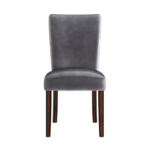 Set of 2 Parson-style dining chairs upholstered in sleek grey velvet with espresso-finished wood legs and plush high backs, ideal for modern or traditional dining spaces.