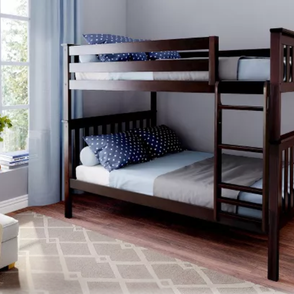 Solid wood twin over twin or full over full bunk bed for kids with reversible ladder, safety guardrails, and non-toxic low VOC finish – space-saving convertible design