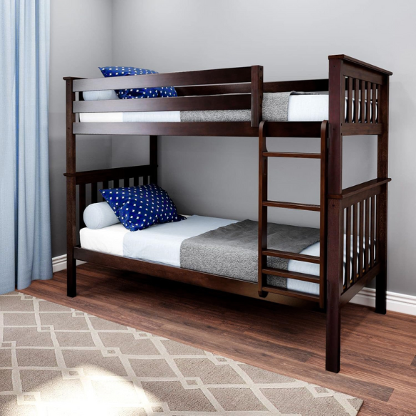 Solid wood twin over twin or full over full bunk bed for kids with reversible ladder, safety guardrails, and non-toxic low VOC finish – space-saving convertible design