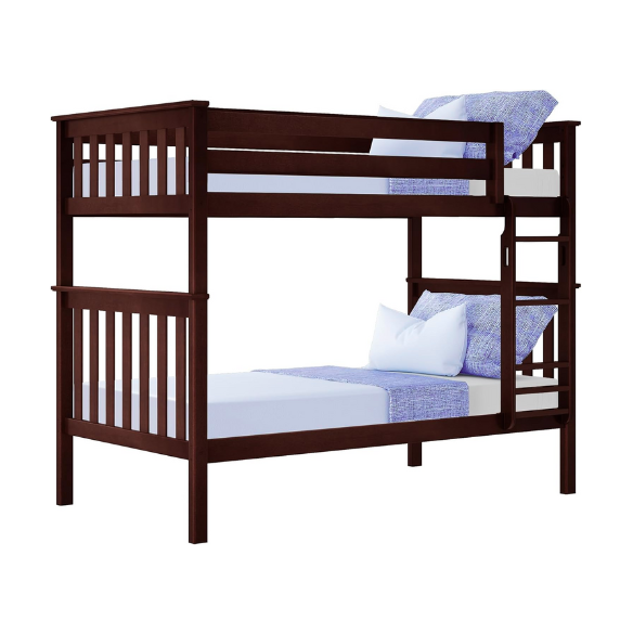 Solid wood twin over twin or full over full bunk bed for kids with reversible ladder, safety guardrails, and non-toxic low VOC finish – space-saving convertible design