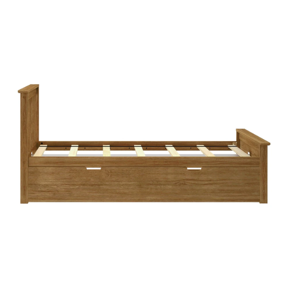 Modern solid wood twin bed with pull-out trundle in pecan finish, featuring slatted headboard and footboard – perfect for kids' rooms and sleepovers.