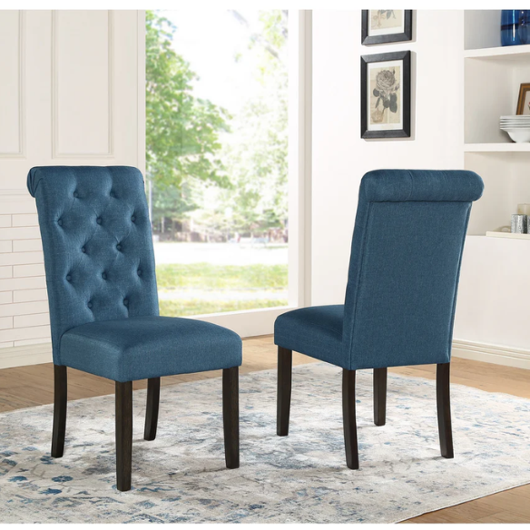 Set of 2 tufted high-back dining chairs with sleek polyester upholstery, espresso wood legs, and padded seats, available in grey, blue, tan, or purple – perfect for modern or farmhouse dining rooms.