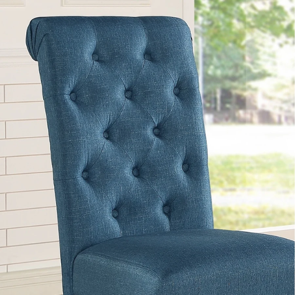 Set of 2 tufted high-back dining chairs with sleek polyester upholstery, espresso wood legs, and padded seats, available in grey, blue, tan, or purple – perfect for modern or farmhouse dining rooms.