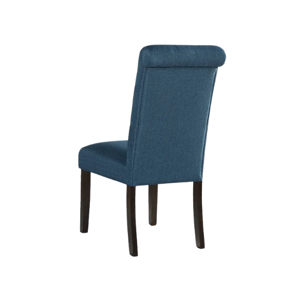Set of 2 tufted high-back dining chairs with sleek polyester upholstery, espresso wood legs, and padded seats, available in grey, blue, tan, or purple – perfect for modern or farmhouse dining rooms.