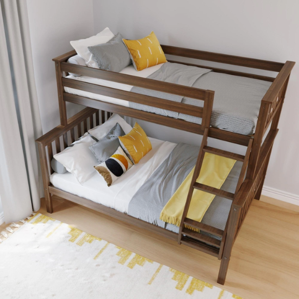 Solid wood twin over full bunk bed for kids with reversible ladder, safety guardrails, and non-toxic finish – space-saving design in natural pine wood