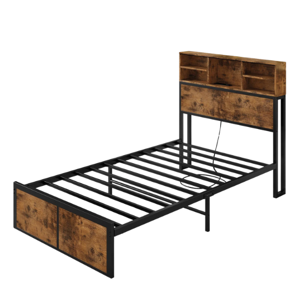 Twin platform bed with bookcase headboard, built-in charging station, and underbed storage in brown wood and black metal frame