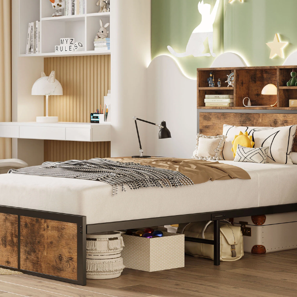 Twin platform bed with bookcase headboard, built-in charging station, and underbed storage in brown wood and black metal frame