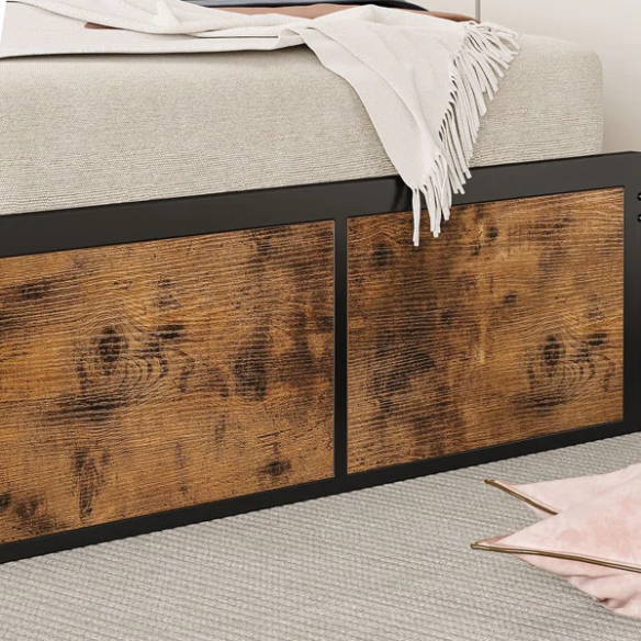 Twin platform bed with bookcase headboard, built-in charging station, and underbed storage in brown wood and black metal frame