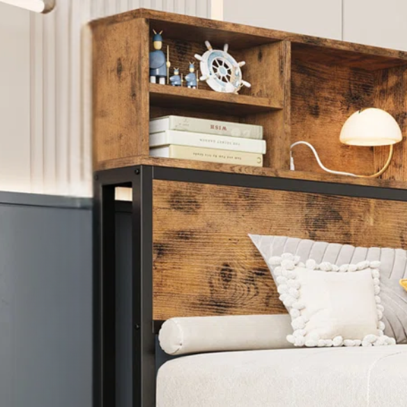 Twin platform bed with bookcase headboard, built-in charging station, and underbed storage in brown wood and black metal frame