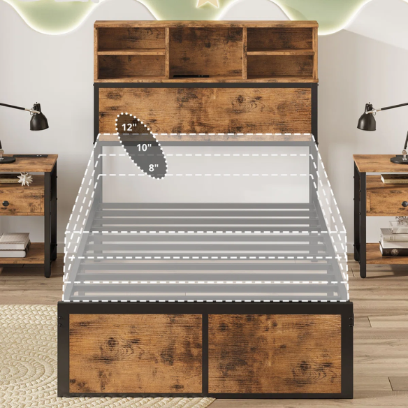 Twin platform bed with bookcase headboard, built-in charging station, and underbed storage in brown wood and black metal frame