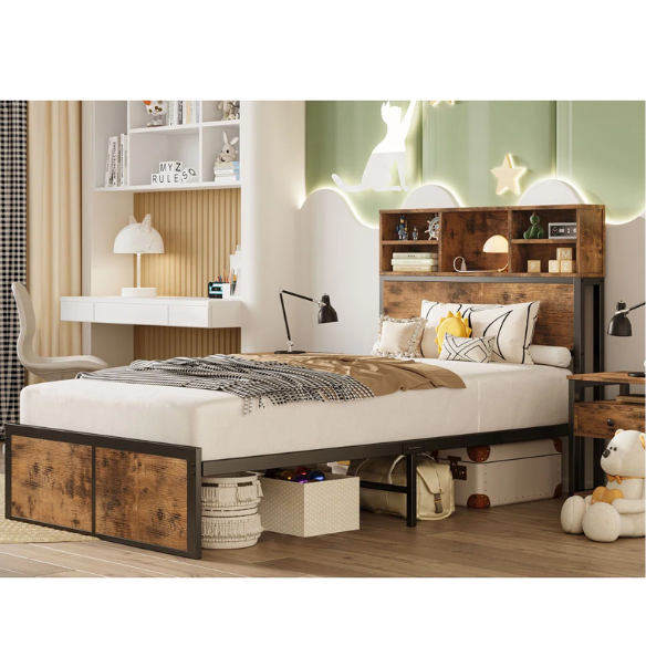 Twin platform bed with bookcase headboard, built-in charging station, and underbed storage in brown wood and black metal frame