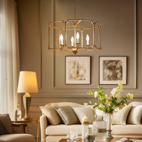 Mid-century modern brass drum chandelier with four candelabra lights in an open lantern frame, ideal for farmhouse and transitional interiors.