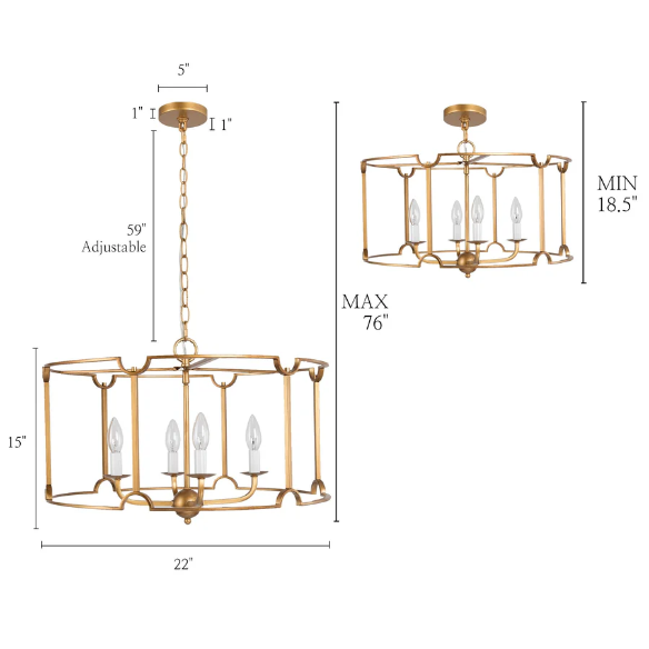 Mid-century modern brass drum chandelier with four candelabra lights in an open lantern frame, ideal for farmhouse and transitional interiors.