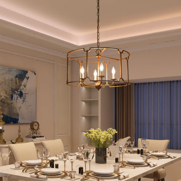 Mid-century modern brass drum chandelier with four candelabra lights in an open lantern frame, ideal for farmhouse and transitional interiors.