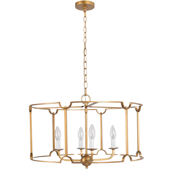 Mid-century modern brass drum chandelier with four candelabra lights in an open lantern frame, ideal for farmhouse and transitional interiors.