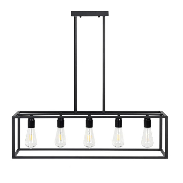 Vintage industrial 5-light pendant light with matte black geometric metal frame, includes warm E27 bulbs, ideal for kitchen islands and dining rooms