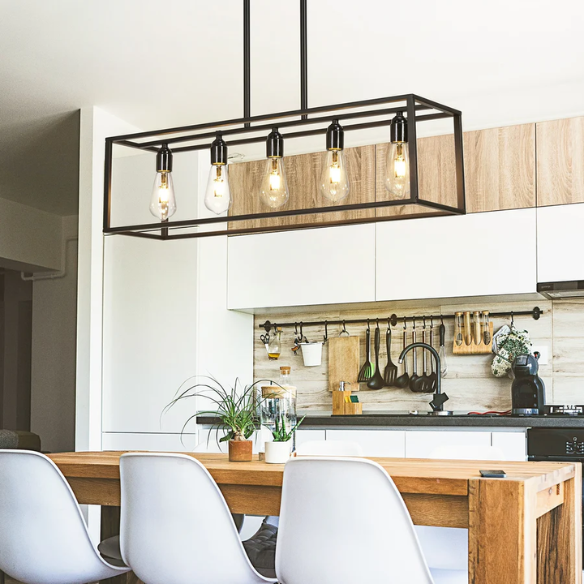 Vintage industrial 5-light pendant light with matte black geometric metal frame, includes warm E27 bulbs, ideal for kitchen islands and dining rooms
