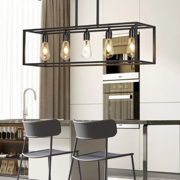 Vintage industrial 5-light pendant light with matte black geometric metal frame, includes warm E27 bulbs, ideal for kitchen islands and dining rooms