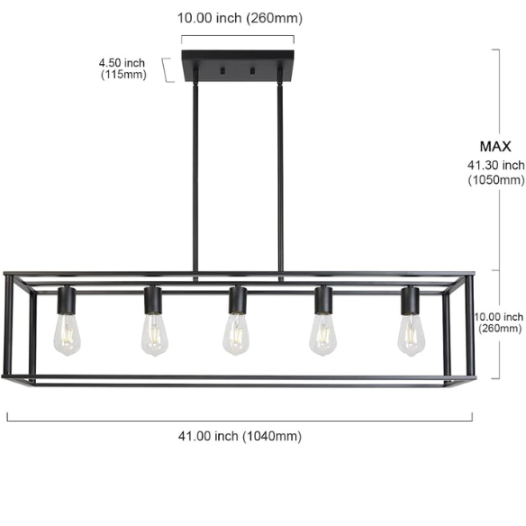 Vintage industrial 5-light pendant light with matte black geometric metal frame, includes warm E27 bulbs, ideal for kitchen islands and dining rooms