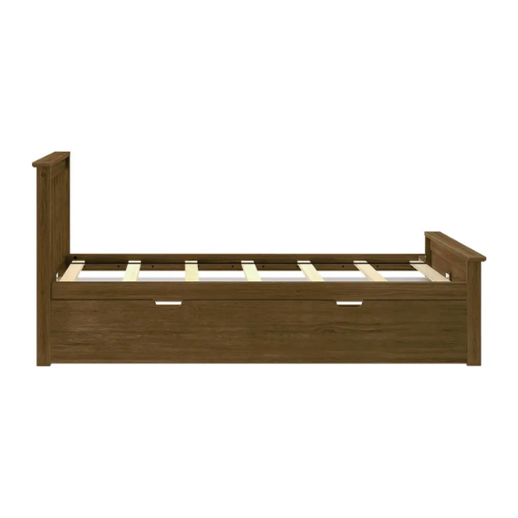 Walnut solid wood twin bed with pull-out trundle, slatted headboard and footboard, ideal for kids’ bedrooms, sleepovers, and guests.
