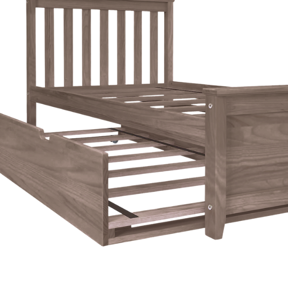 Walnut solid wood twin bed with pull-out trundle, slatted headboard and footboard, ideal for kids’ bedrooms, sleepovers, and guests.
