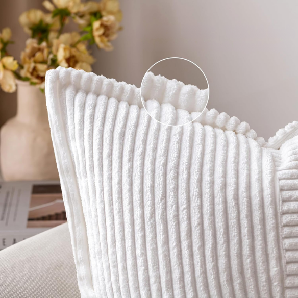 White corduroy pillow cover with geometric striped pattern, modern design, eco-friendly, 45x45 cm, machine washable, perfect for home décor