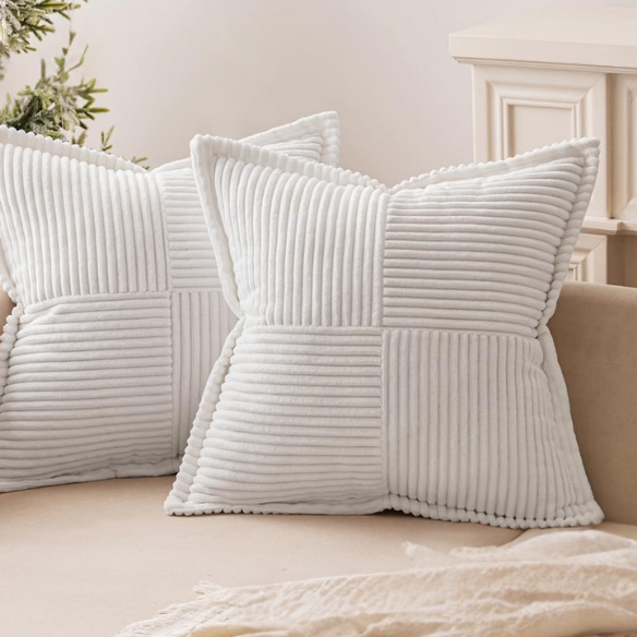 White corduroy pillow cover with geometric striped pattern, modern design, eco-friendly, 45x45 cm, machine washable, perfect for home décor