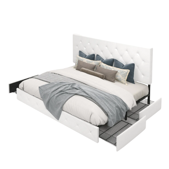 White faux leather queen bed with diamond-tufted adjustable headboard and four underbed storage drawers.