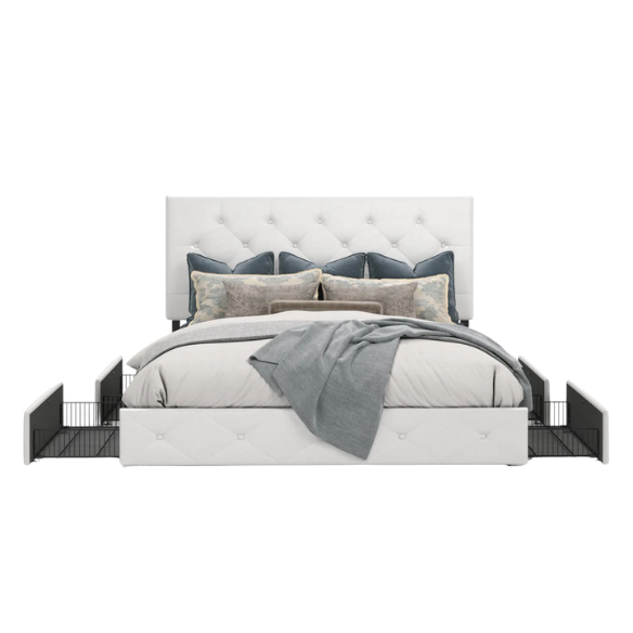 White faux leather queen bed with diamond-tufted adjustable headboard and four underbed storage drawers.