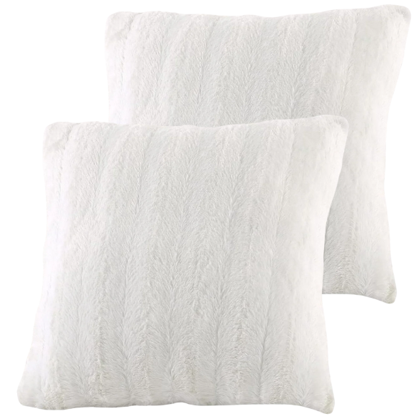 Set of two white faux fur throw pillows, 18x18 inches, square plush decorative cushions with microfiber fill—perfect for modern, minimalist, or cozy home interiors