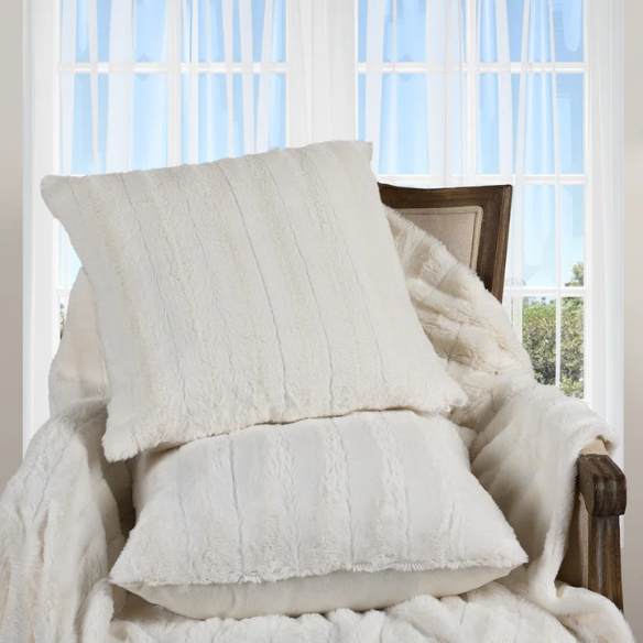 Set of two white faux fur throw pillows, 18x18 inches, square plush decorative cushions with microfiber fill—perfect for modern, minimalist, or cozy home interiors