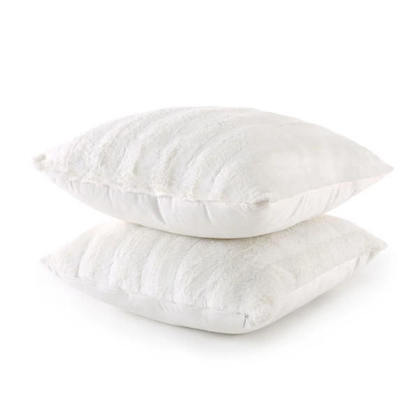 Set of two white faux fur throw pillows, 18x18 inches, square plush decorative cushions with microfiber fill—perfect for modern, minimalist, or cozy home interiors