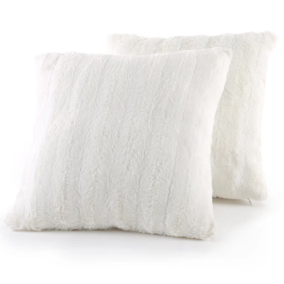 Set of two white faux fur throw pillows, 18x18 inches, square plush decorative cushions with microfiber fill—perfect for modern, minimalist, or cozy home interiors