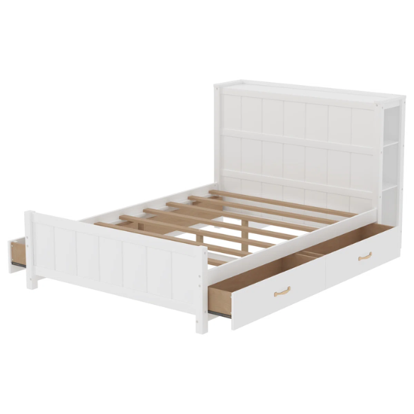 White full size platform bed with four underbed storage drawers, integrated headboard shelving, and solid wood slat support