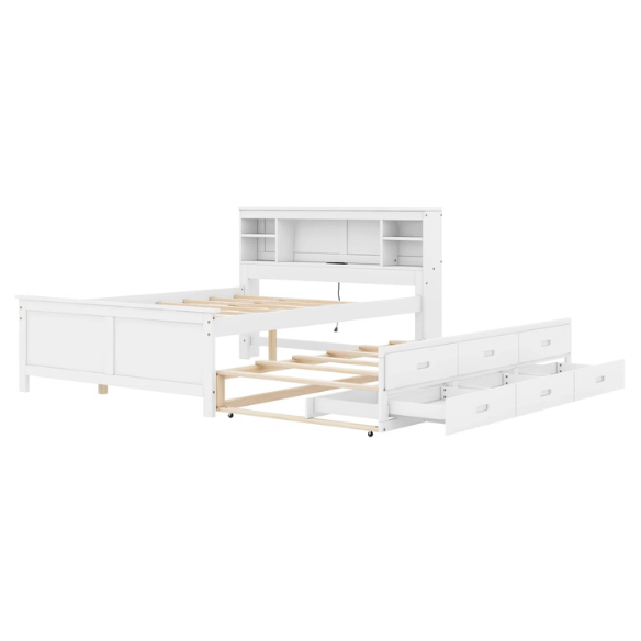 White full size platform bed with rectangular headboard featuring USB ports, three underbed drawers, and a pull-out twin trundle bed for added sleeping space.