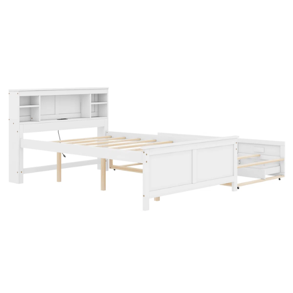 White full size platform bed with rectangular headboard featuring USB ports, three underbed drawers, and a pull-out twin trundle bed for added sleeping space.