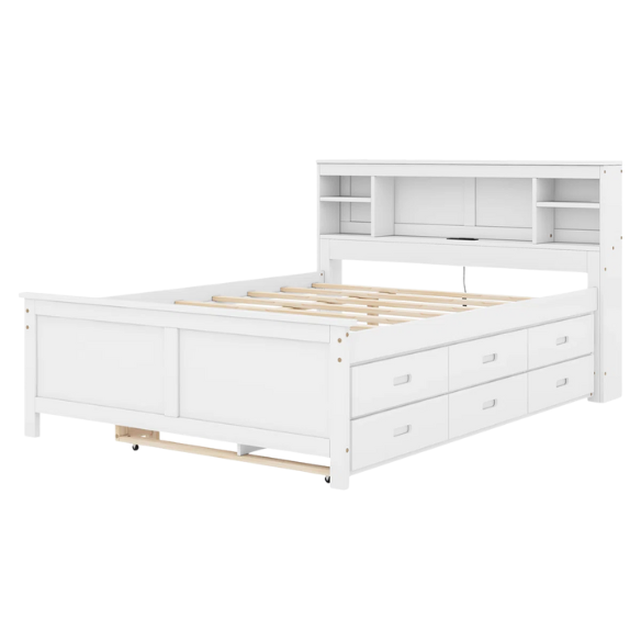 White full size platform bed with rectangular headboard featuring USB ports, three underbed drawers, and a pull-out twin trundle bed for added sleeping space.