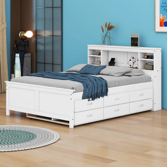 White full size platform bed with rectangular headboard featuring USB ports, three underbed drawers, and a pull-out twin trundle bed for added sleeping space.