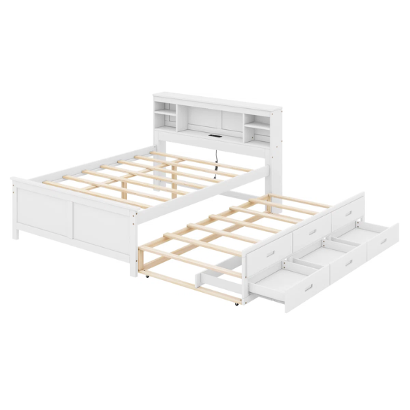 White full size platform bed with rectangular headboard featuring USB ports, three underbed drawers, and a pull-out twin trundle bed for added sleeping space.