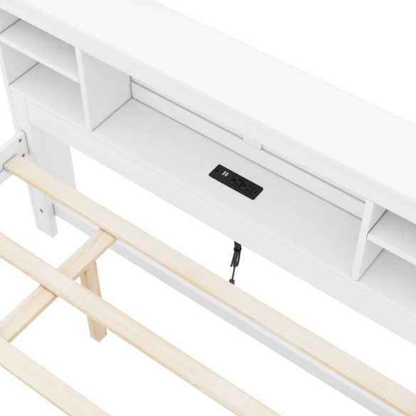 White full size platform bed with rectangular headboard featuring USB ports, three underbed drawers, and a pull-out twin trundle bed for added sleeping space.