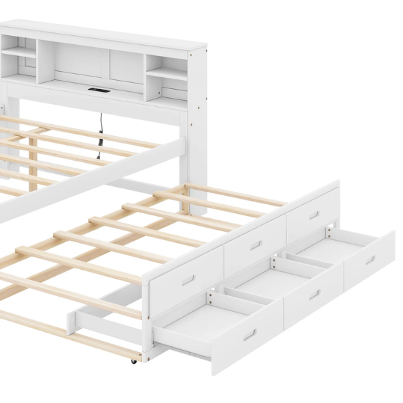 White full size platform bed with rectangular headboard featuring USB ports, three underbed drawers, and a pull-out twin trundle bed for added sleeping space.