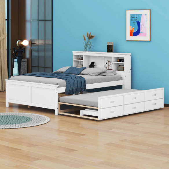 White full size platform bed with rectangular headboard featuring USB ports, three underbed drawers, and a pull-out twin trundle bed for added sleeping space.