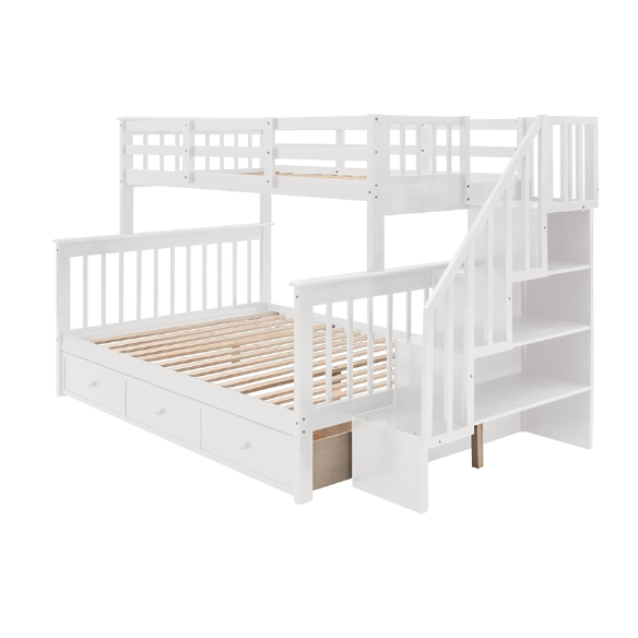 White twin over full bunk bed with stairs, built-in storage compartments, and three underbed drawers – solid wood frame ideal for children’s bedrooms