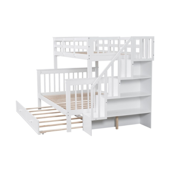 White twin over full bunk bed with stairs, built-in storage compartments, and three underbed drawers – solid wood frame ideal for children’s bedrooms
