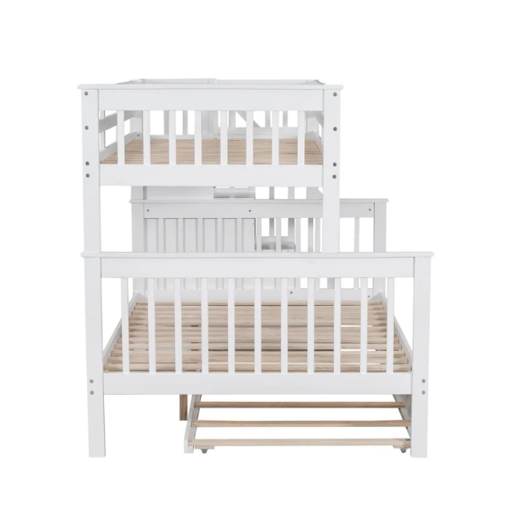White twin over full bunk bed with stairs, built-in storage compartments, and three underbed drawers – solid wood frame ideal for children’s bedrooms