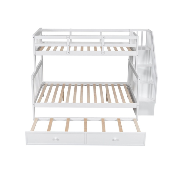 White twin over full bunk bed with stairs, built-in storage compartments, and three underbed drawers – solid wood frame ideal for children’s bedrooms