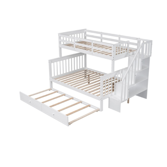 White twin over full bunk bed with stairs, built-in storage compartments, and three underbed drawers – solid wood frame ideal for children’s bedrooms